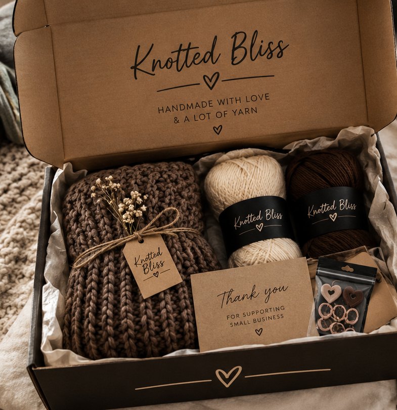 An open Knotted Bliss box with a chunky brown knit scarf, cream and cocoa yarn, a thank-you card and stitch markers