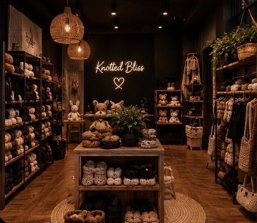 Inside the Knotted Bliss shop: shelves of crochet plushies, yarn and knitwear under warm lights